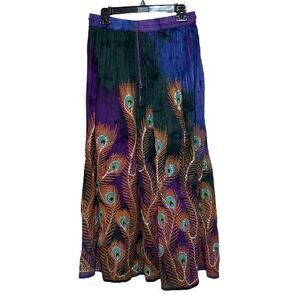 Earthbound Trading Co Multicolor Peacock Feather Motif Sequins Maxi Skirt Large